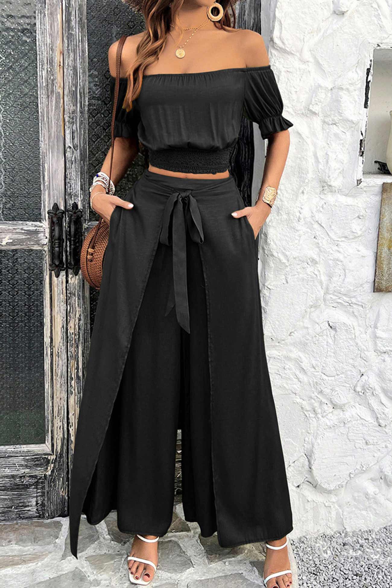 Off-shoulder Crop Top Tie-up Pants Suits