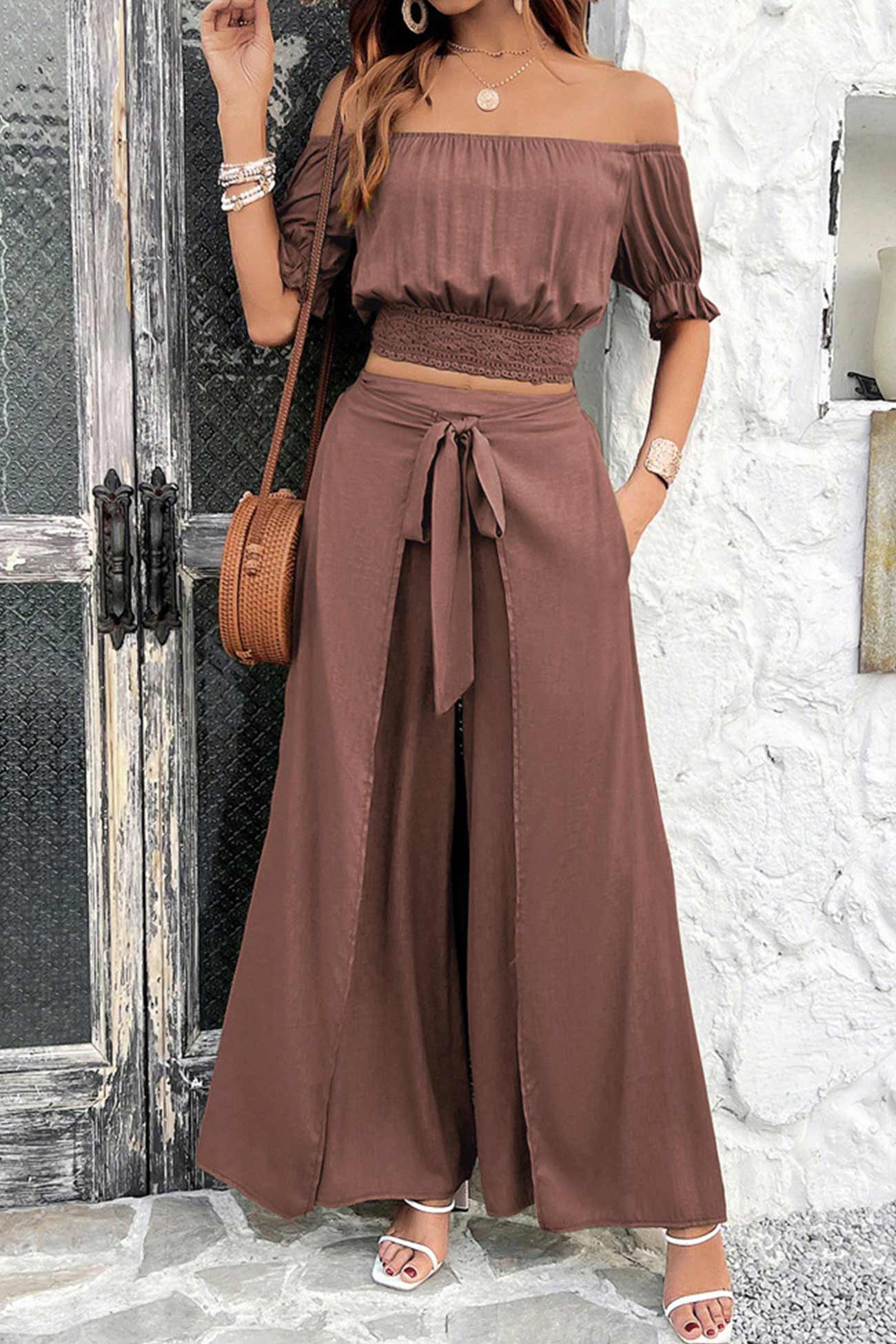 Off-shoulder Crop Top Tie-up Pants Suits