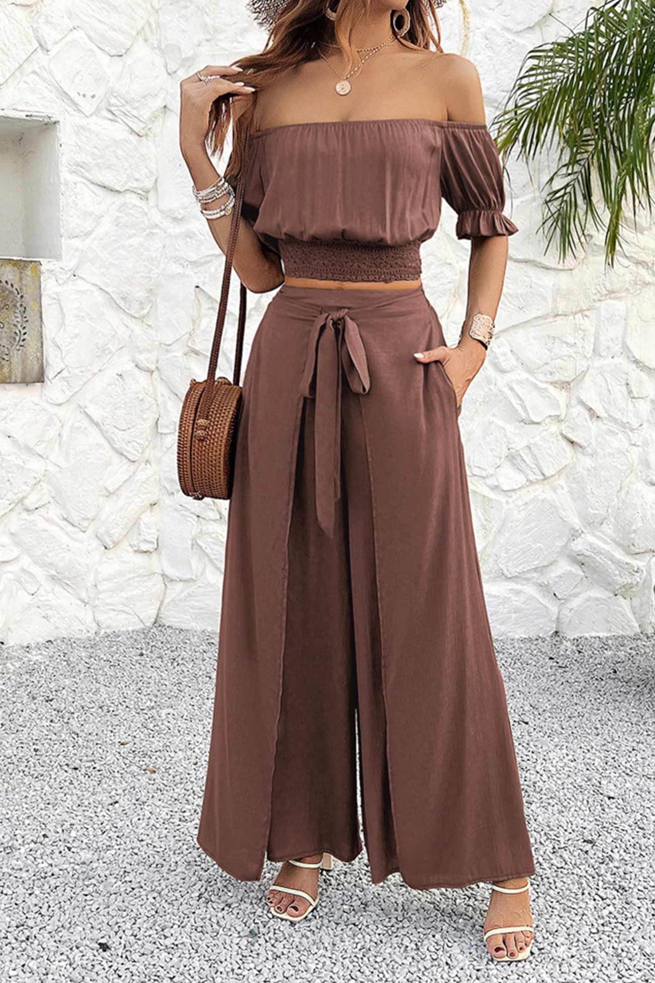 Off-shoulder Crop Top Tie-up Pants Suits