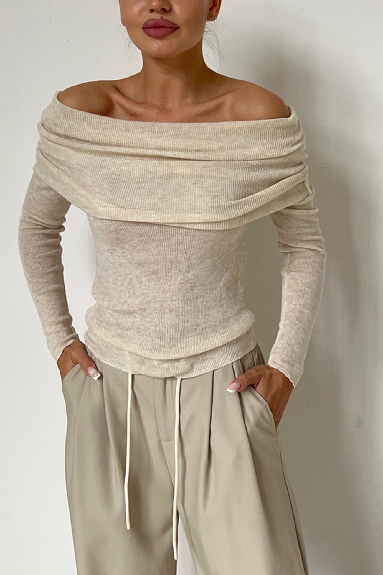 Off-shoulder Long Sleeve Knit Top