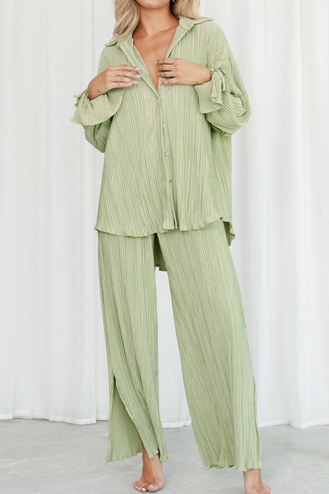 Pleated Blouse Slit Long Pants Set
