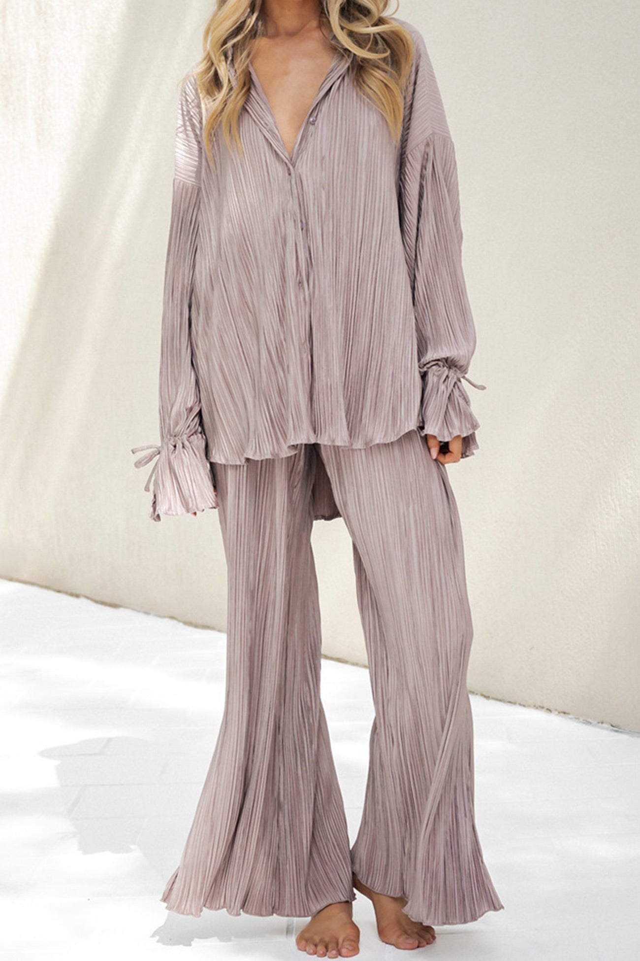 Pleated Blouse Slit Long Pants Set
