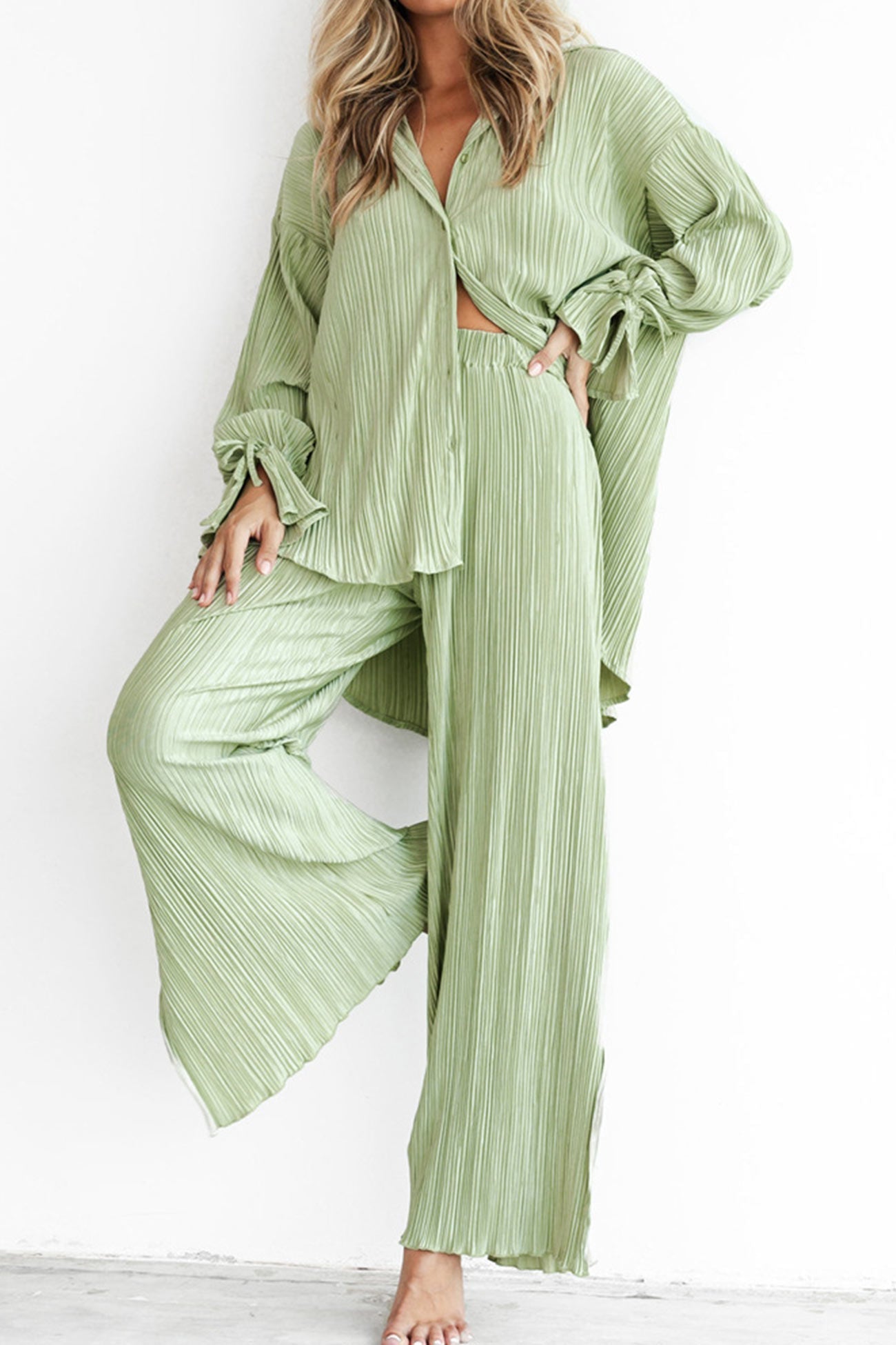 Pleated Blouse Slit Long Pants Set