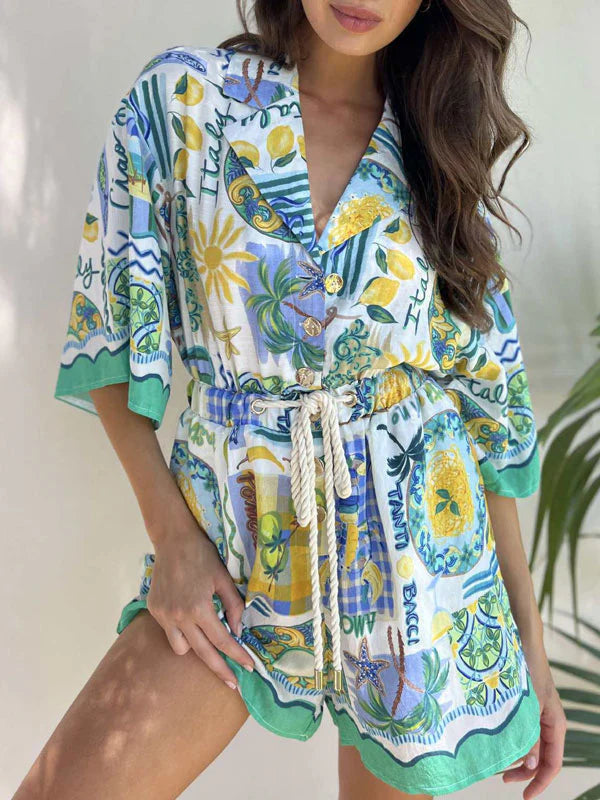 Print Drawstring Shorts Jumpsuit