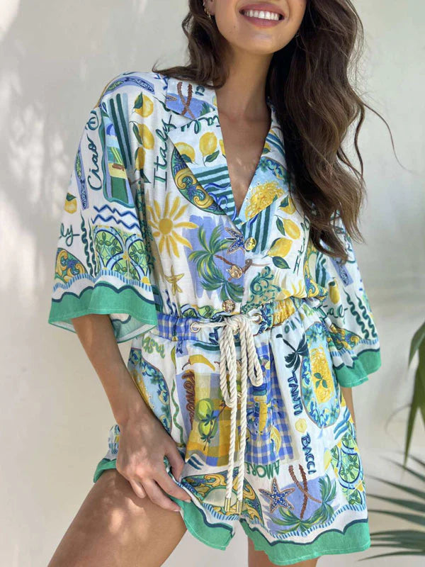 Print Drawstring Shorts Jumpsuit