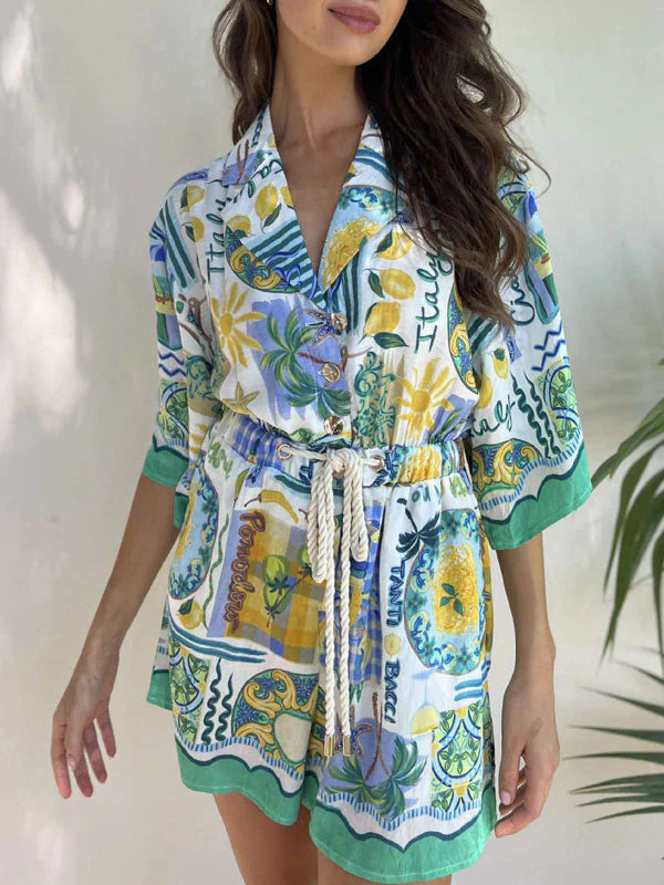 Print Drawstring Shorts Jumpsuit