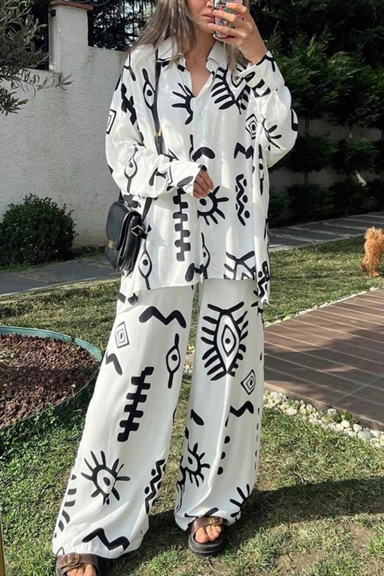 Printed Bat Sleeve Loose Shirt Suits