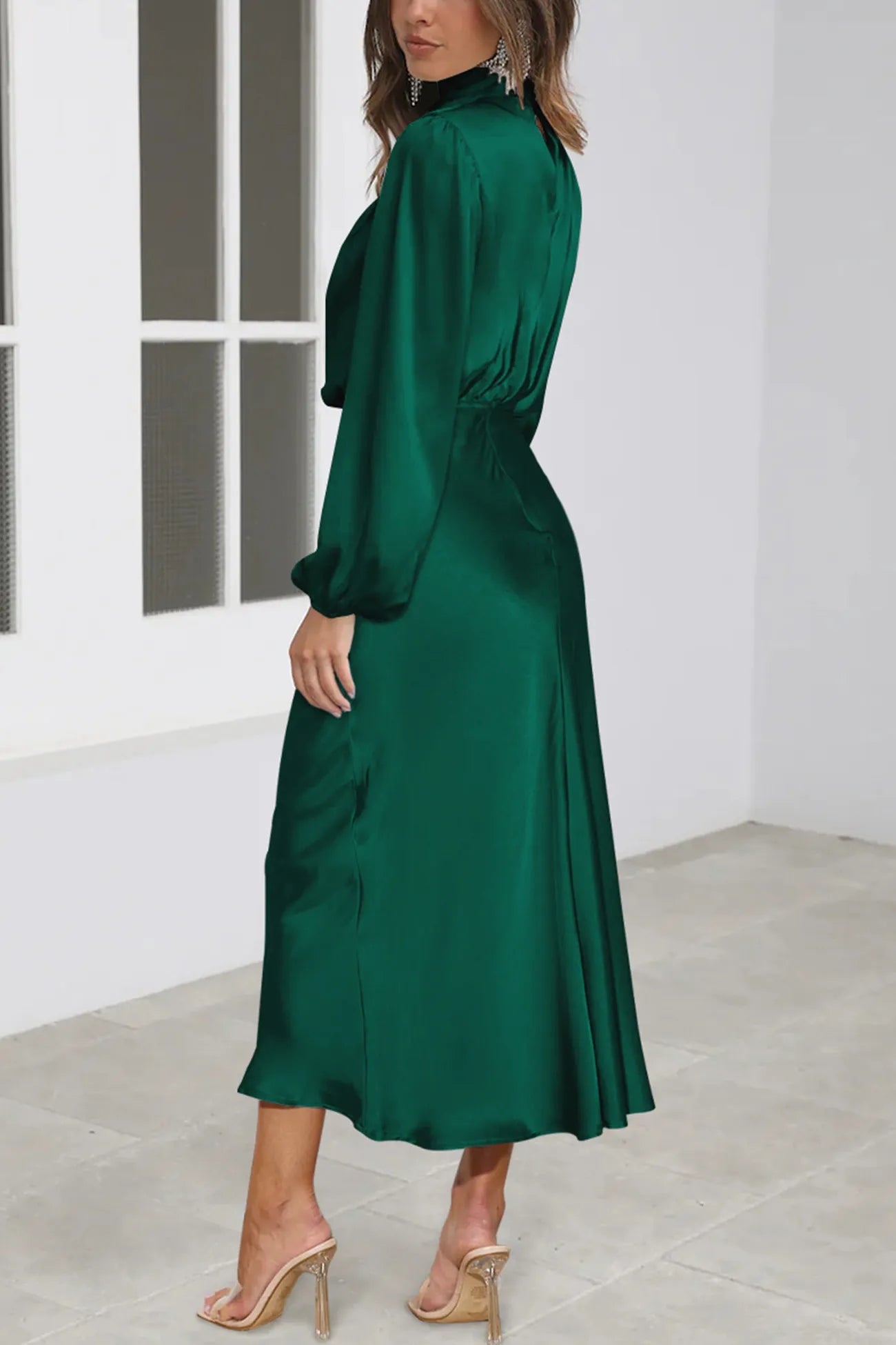 Satin Stacked Collar Lantern Sleeve Dress