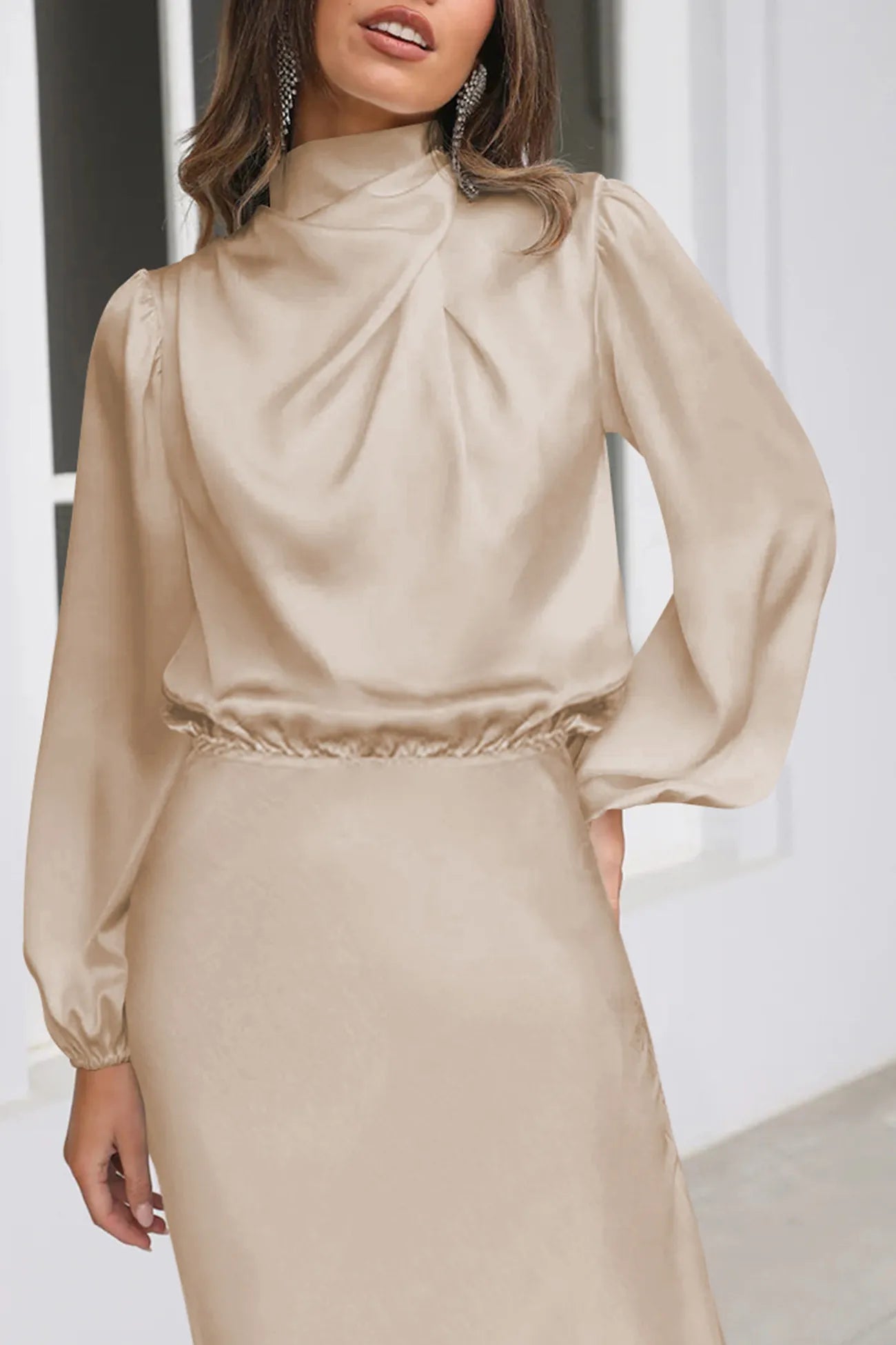 Satin Stacked Collar Lantern Sleeve Dress
