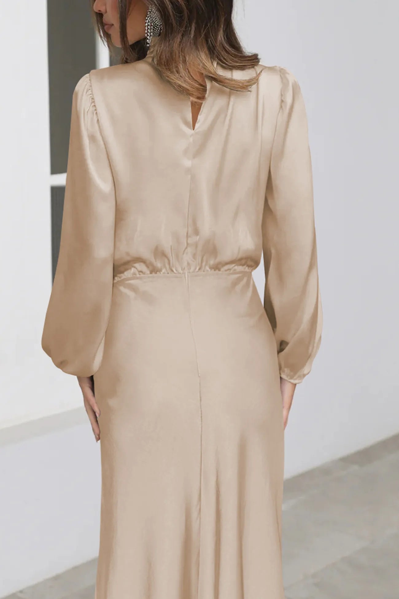 Satin Stacked Collar Lantern Sleeve Dress