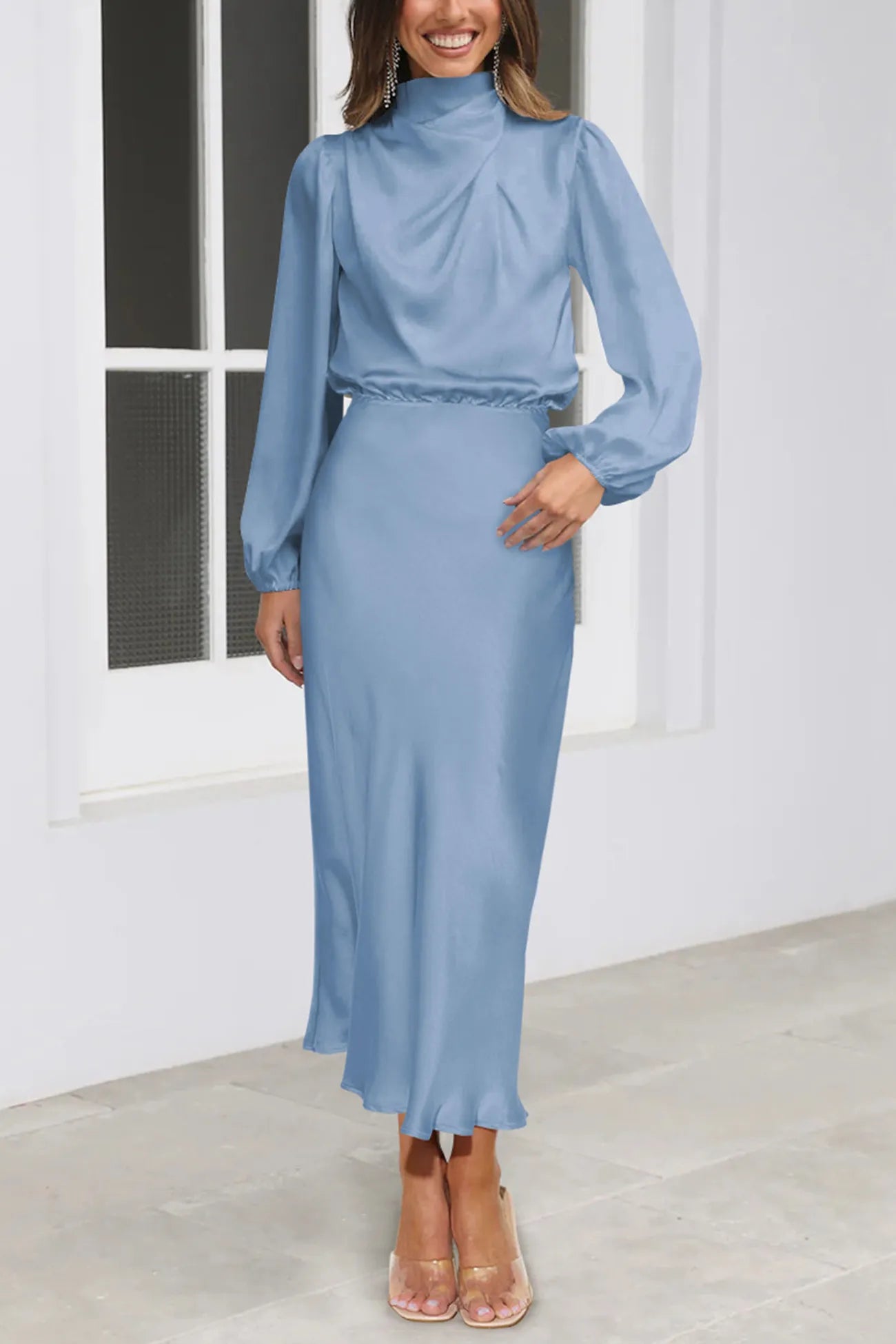 Satin Stacked Collar Lantern Sleeve Dress