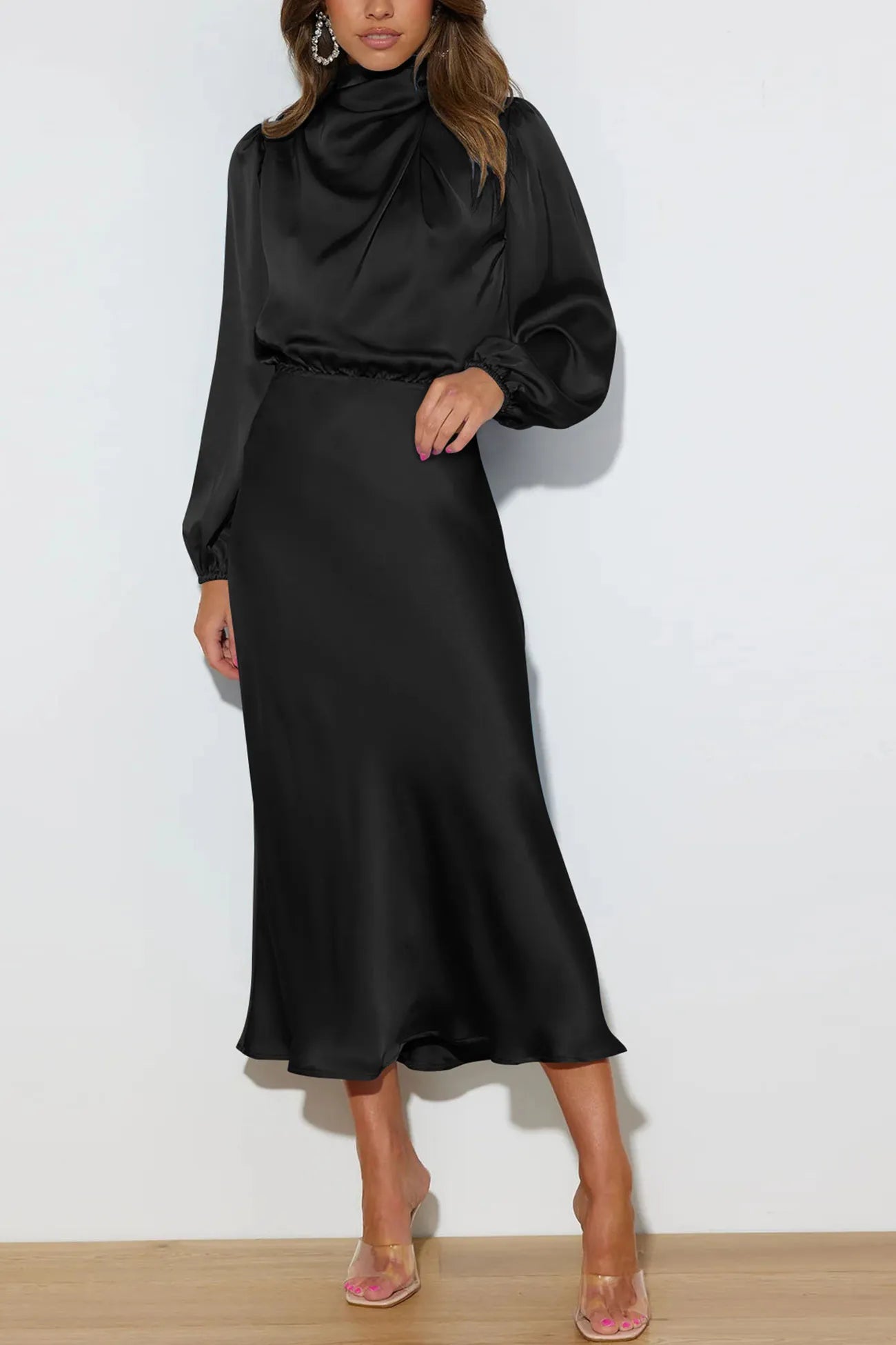 Satin Stacked Collar Lantern Sleeve Dress
