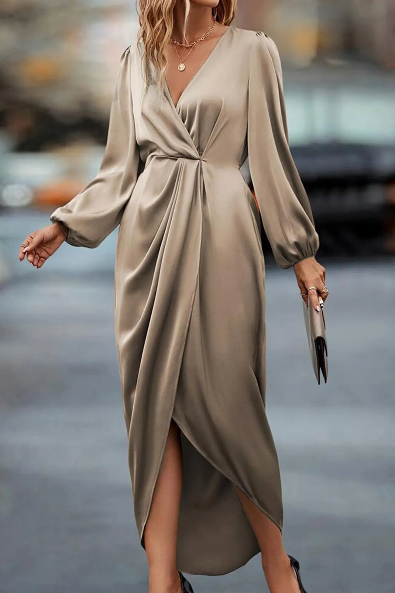Satin V Neck Puff Sleeve Slit Dress