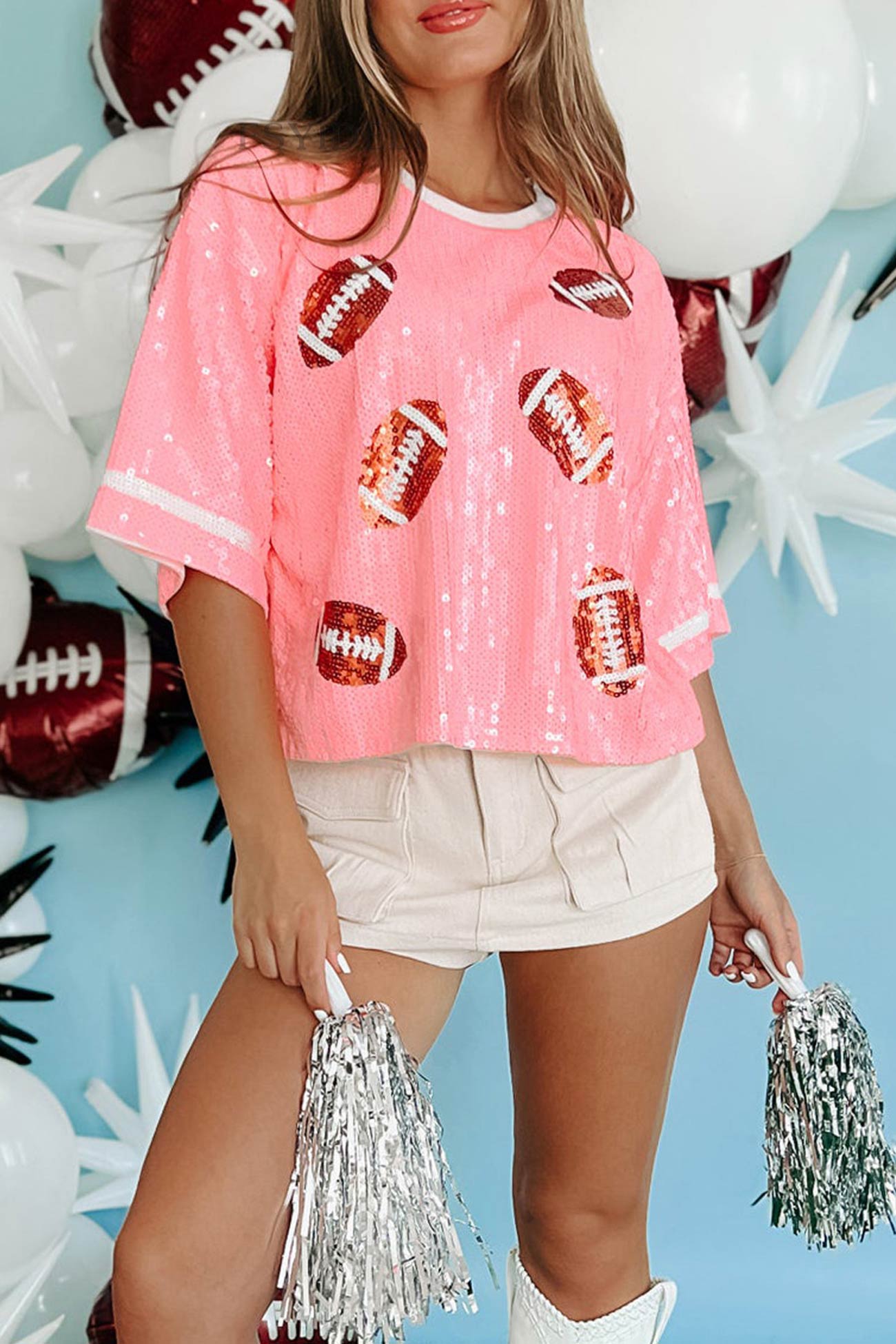 Sequined American Football Short Sleeve Top