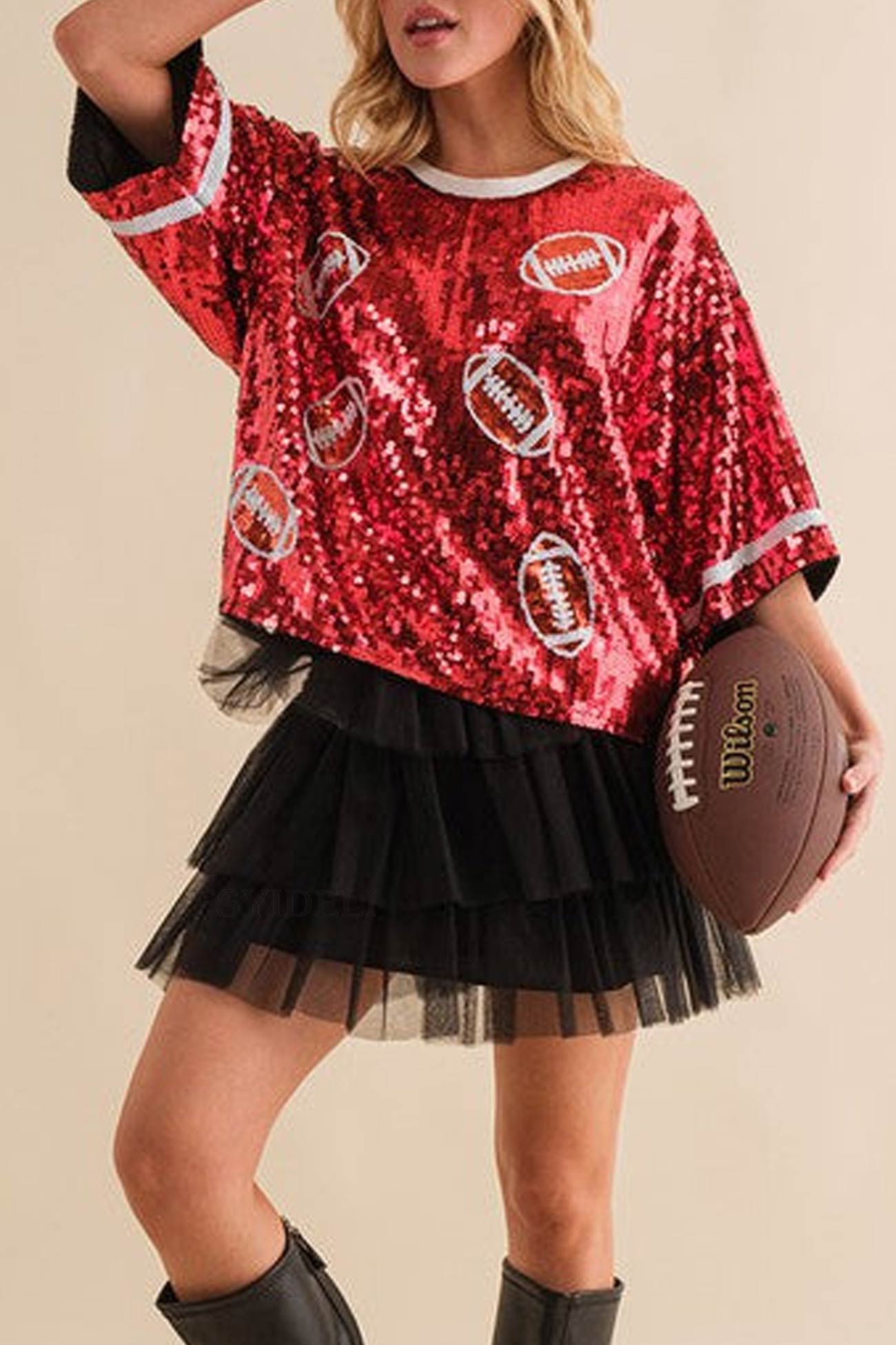 Sequined American Football Short Sleeve Top