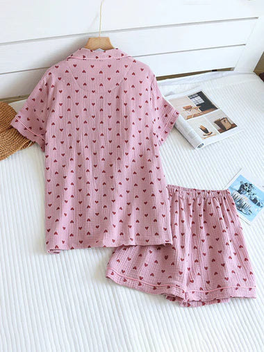 Short Sleeve Heart Print Cotton Pajama Set