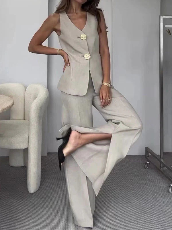 Sleeveless Blazer Vest & Wide Leg Pants Set