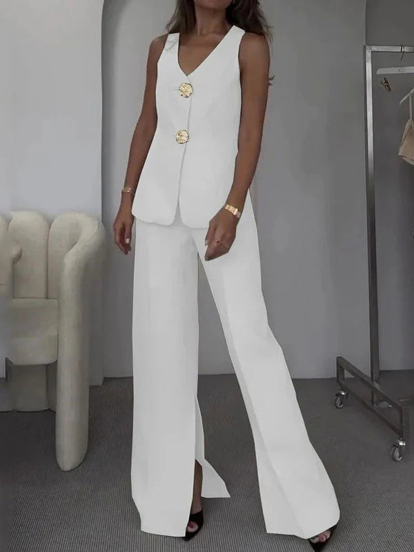 Sleeveless Blazer Vest & Wide Leg Pants Set