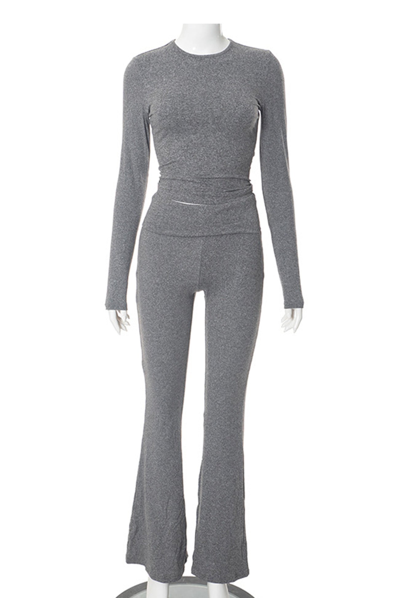 Solid Crop Top Flares Long Pants Set