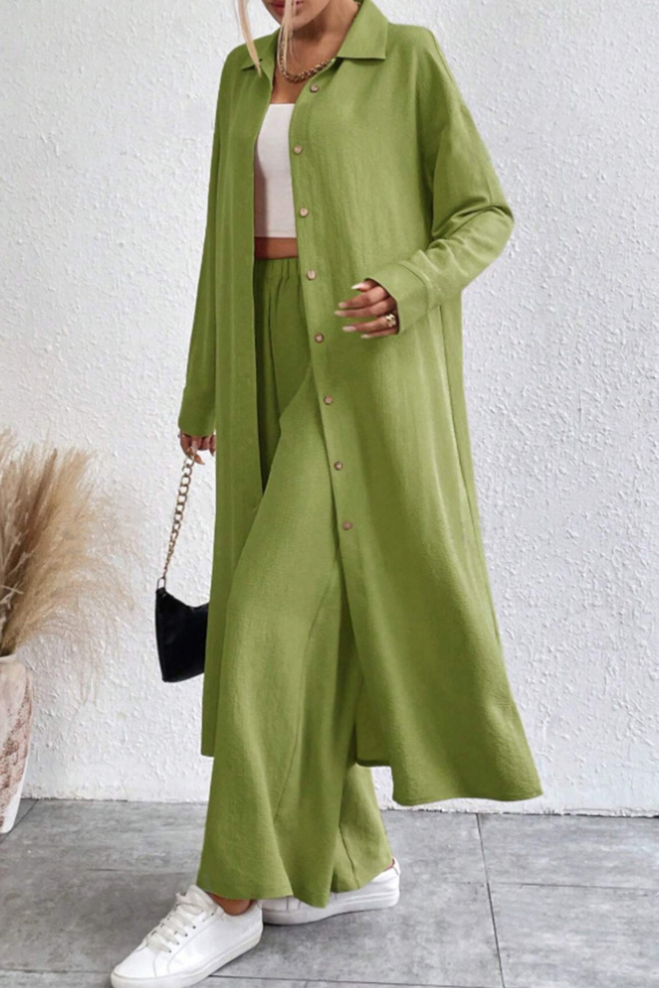Solid Long Shirt Wide Leg Pants Set