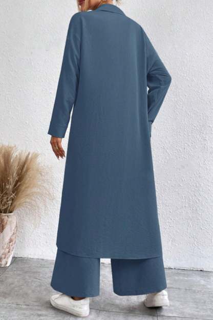 Solid Long Shirt Wide Leg Pants Set