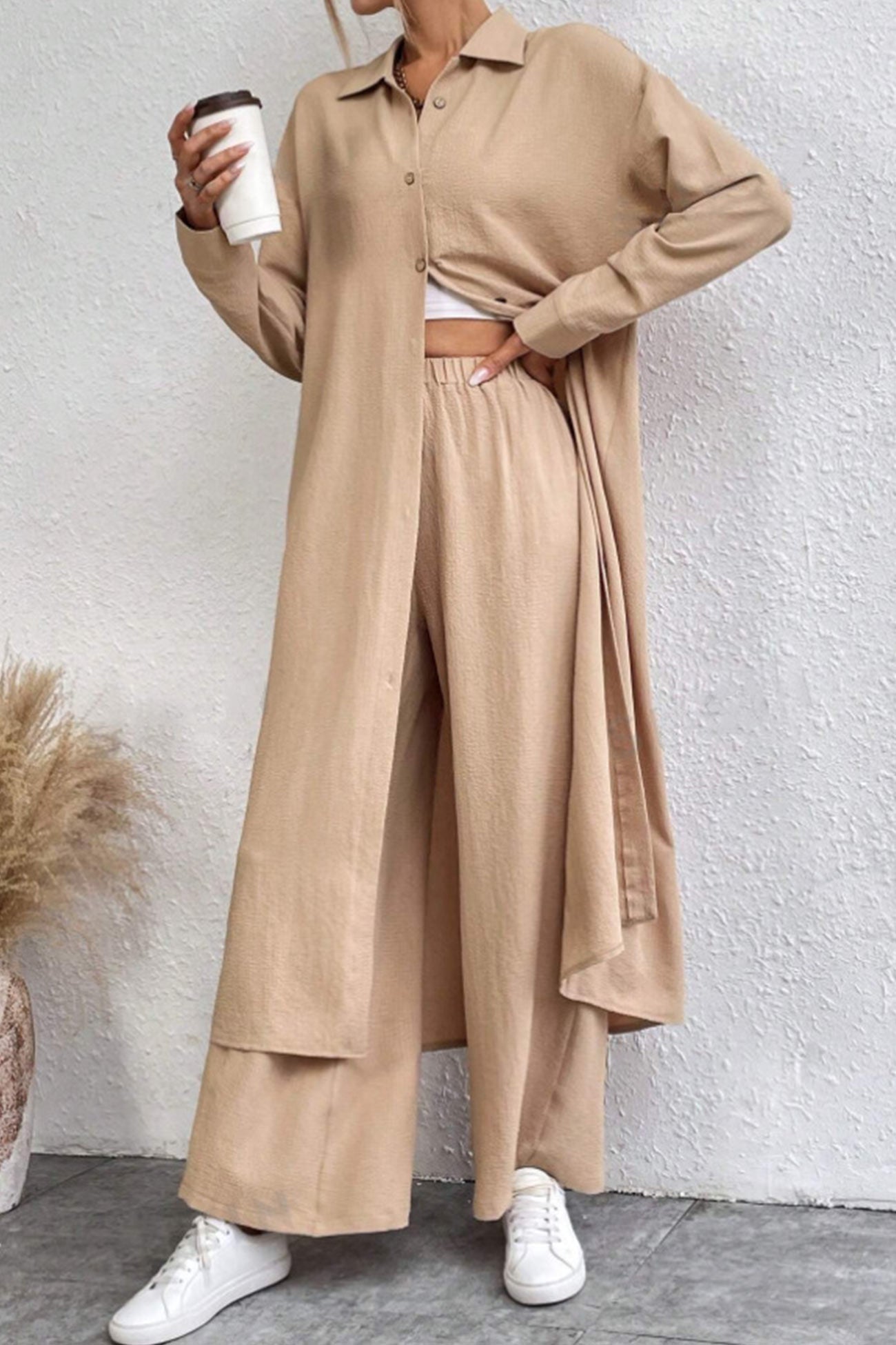 Solid Long Shirt Wide Leg Pants Set