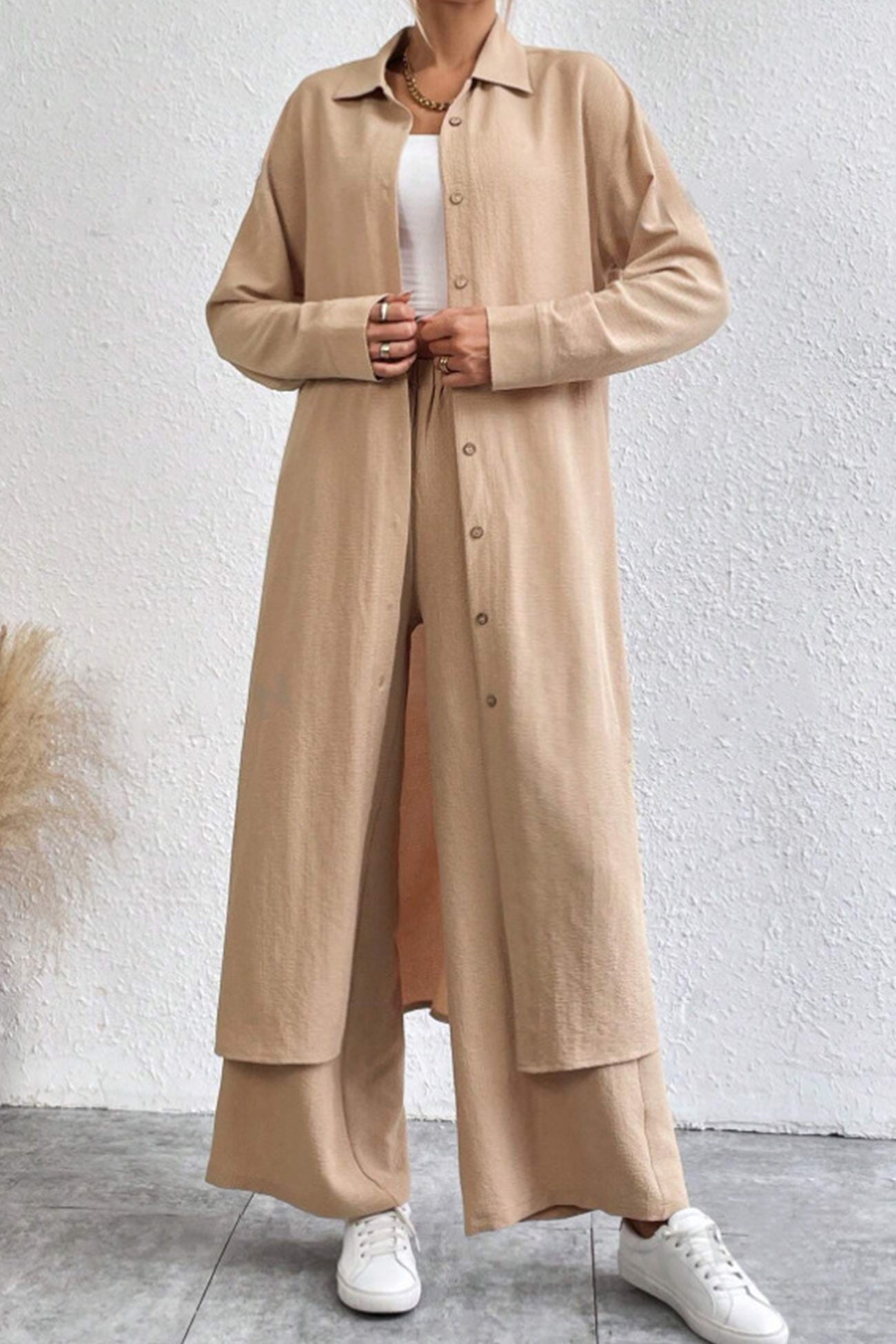 Solid Long Shirt Wide Leg Pants Set