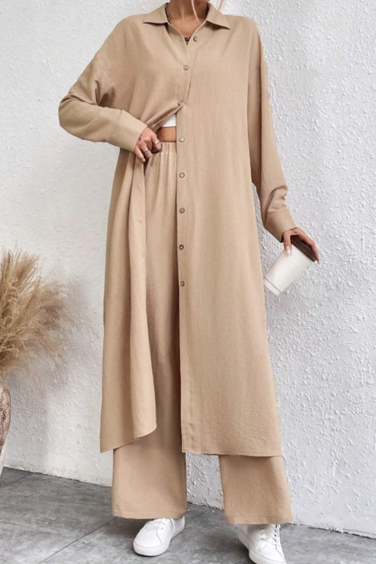 Solid Long Shirt Wide Leg Pants Set