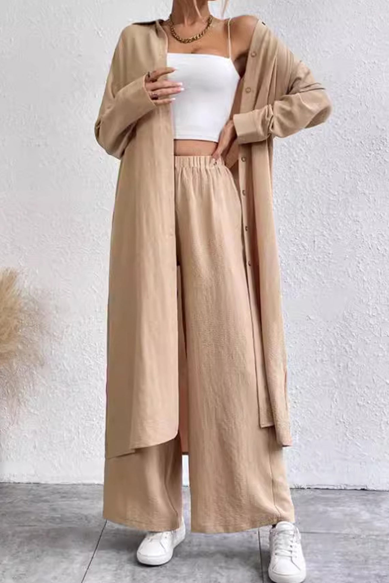 Solid Long Shirt Wide Leg Pants Set