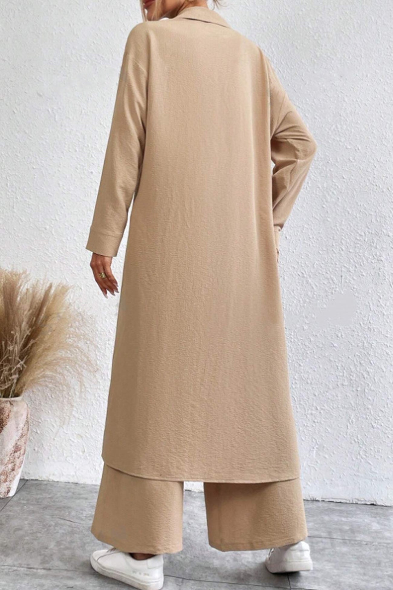 Solid Long Shirt Wide Leg Pants Set