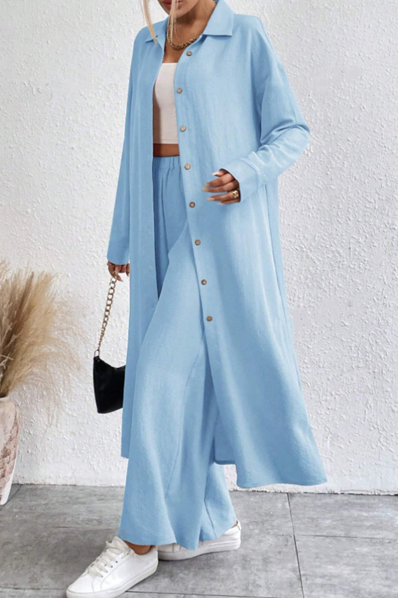 Solid Long Shirt Wide Leg Pants Set