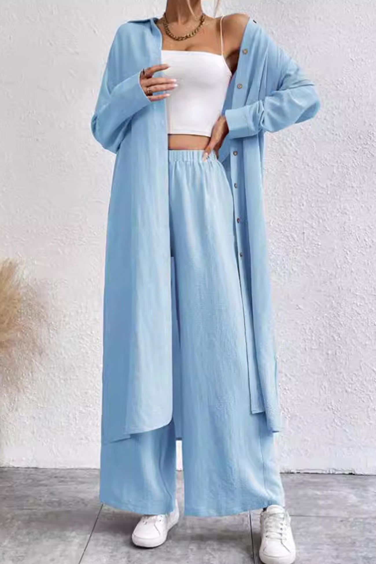 Solid Long Shirt Wide Leg Pants Set