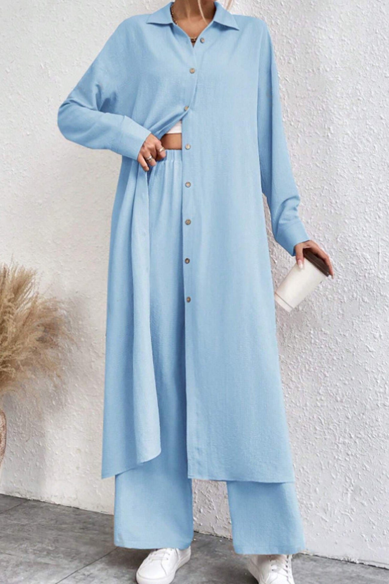 Solid Long Shirt Wide Leg Pants Set