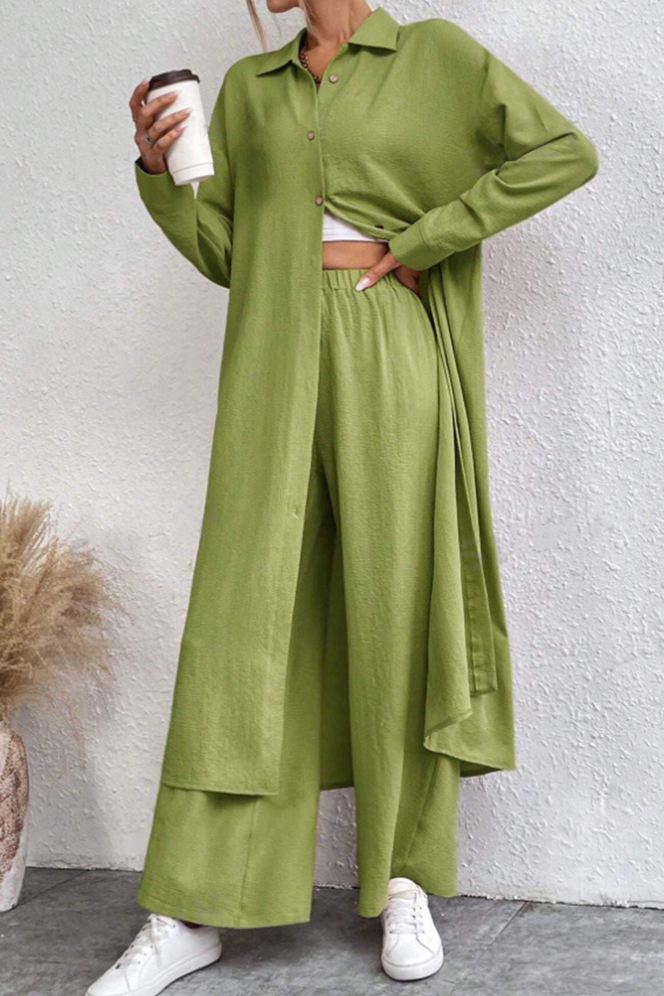 Solid Long Shirt Wide Leg Pants Set