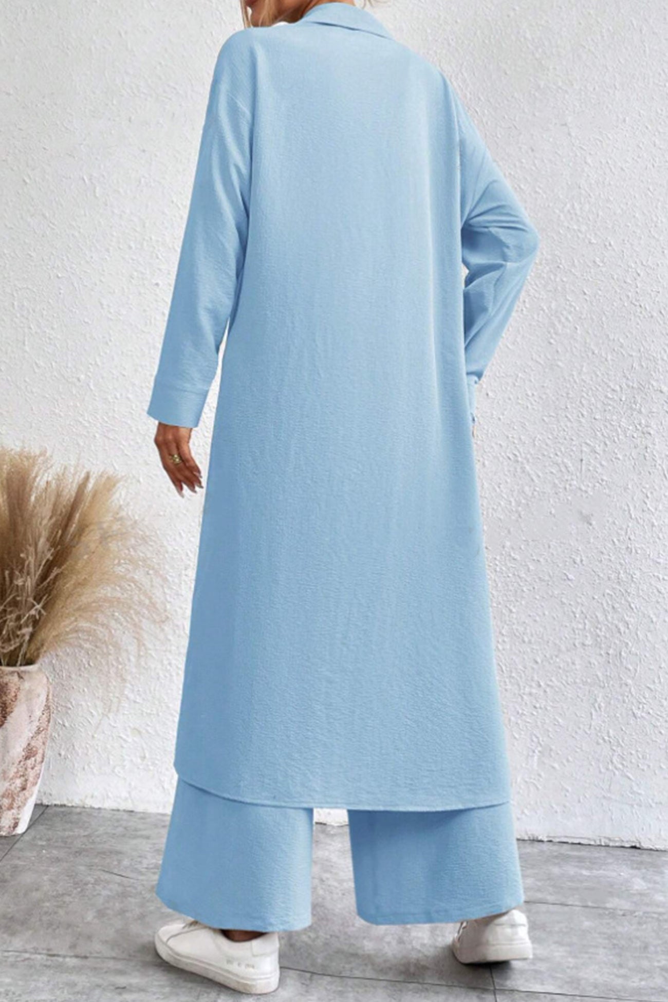 Solid Long Shirt Wide Leg Pants Set