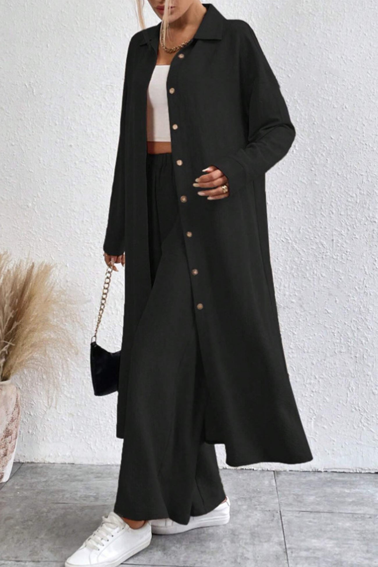 Solid Long Shirt Wide Leg Pants Set