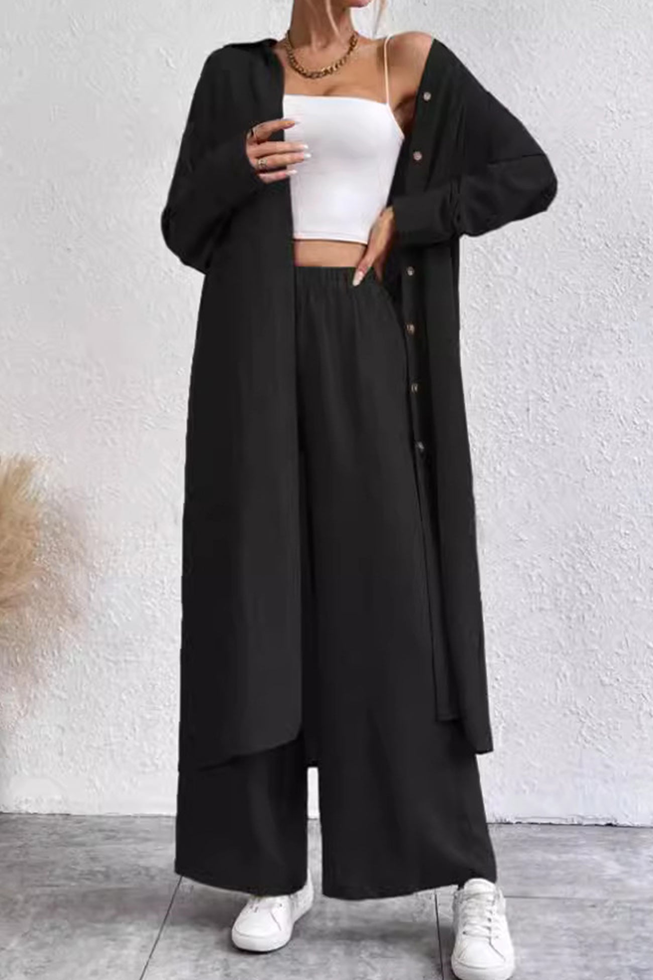 Solid Long Shirt Wide Leg Pants Set