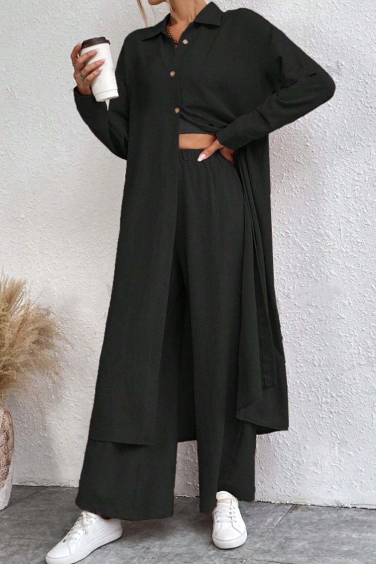 Solid Long Shirt Wide Leg Pants Set