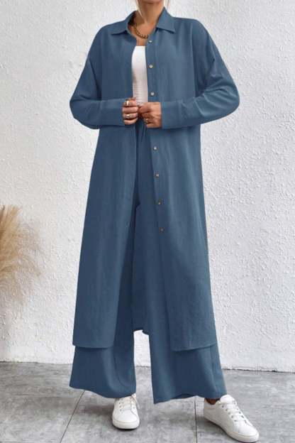 Solid Long Shirt Wide Leg Pants Set