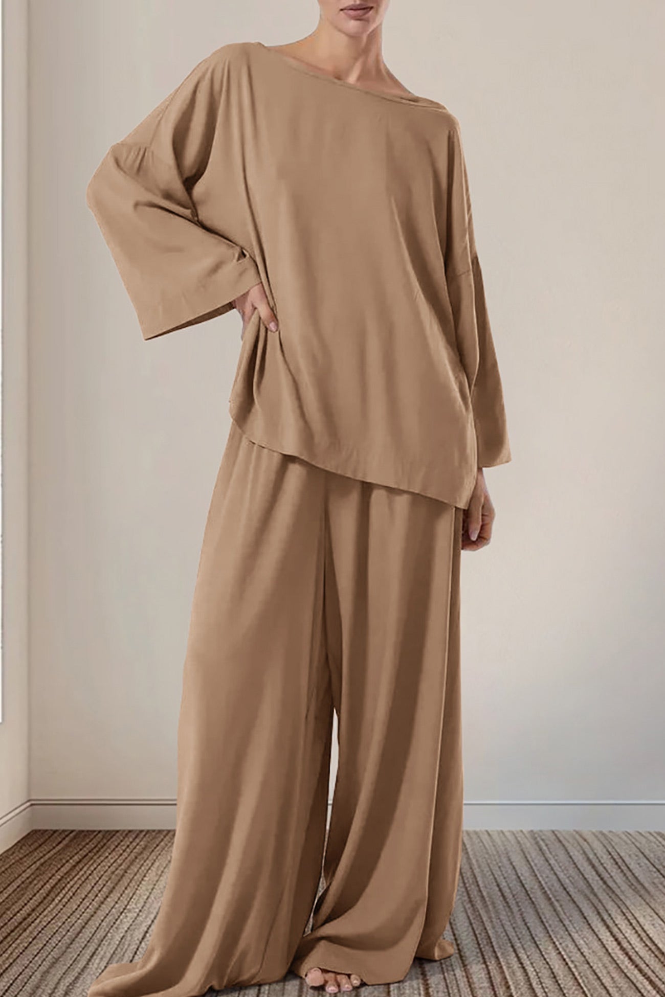 Solid Long Shirt Wide Leg Pants Set