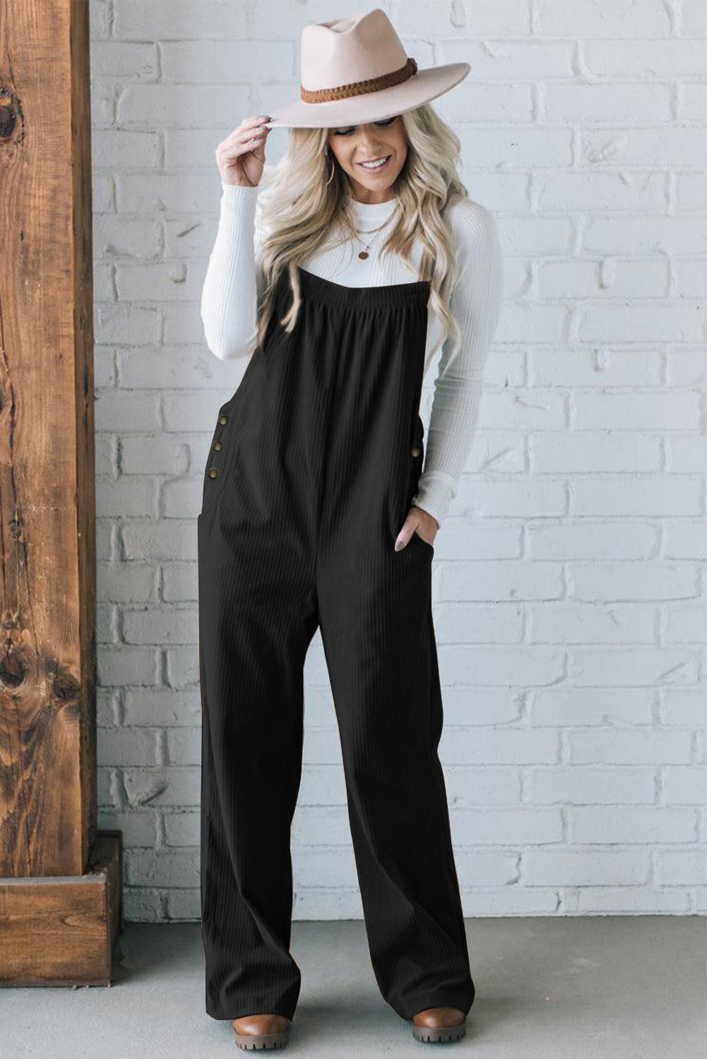 Solid Color Pocketed Corduroy Overall Set