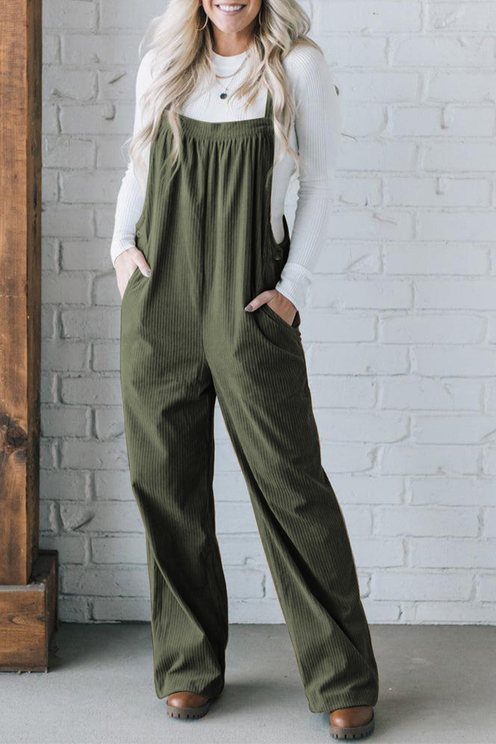 Solid Color Pocketed Corduroy Overall Set