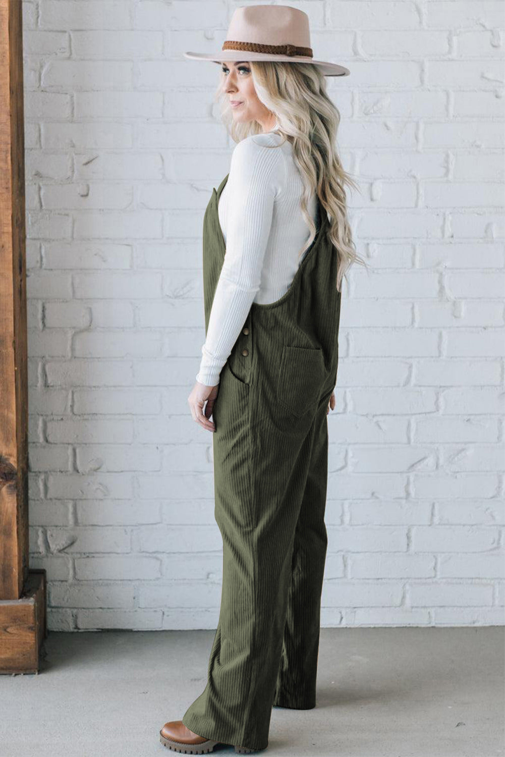 Solid Color Pocketed Corduroy Overall Set