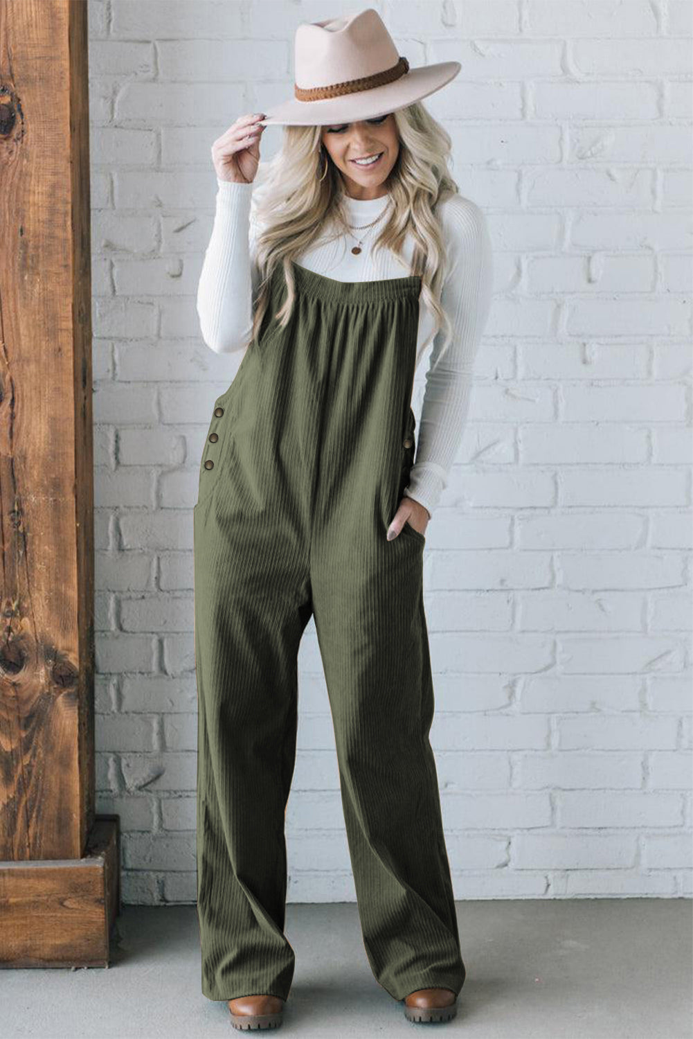 Solid Color Pocketed Corduroy Overall Set