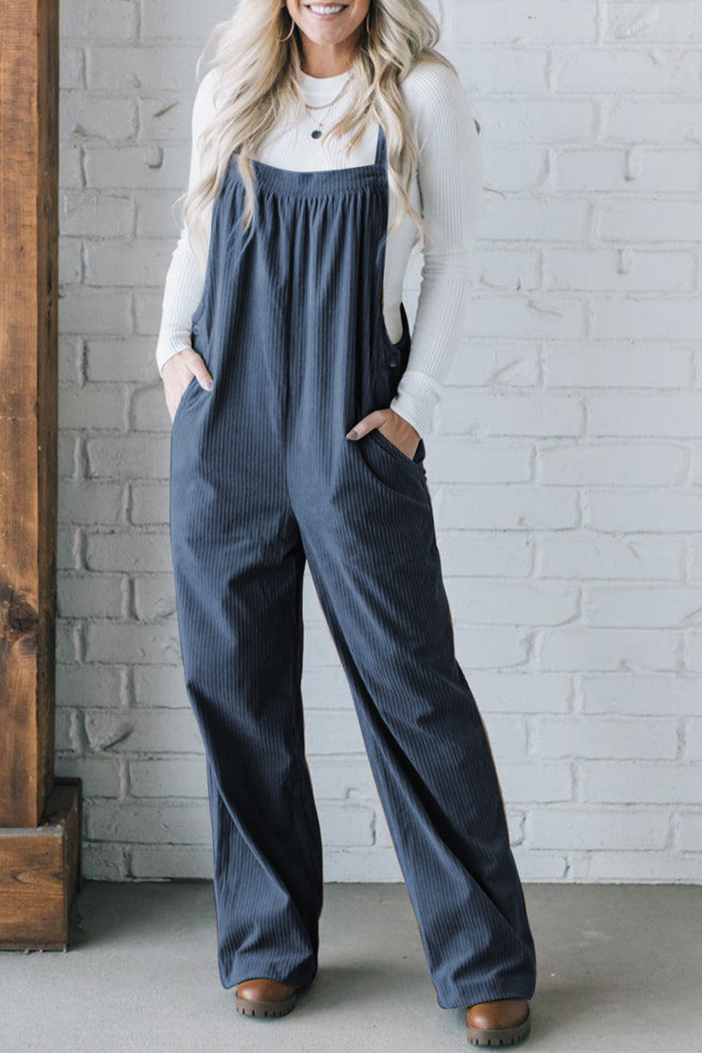 Solid Color Pocketed Corduroy Overall Set