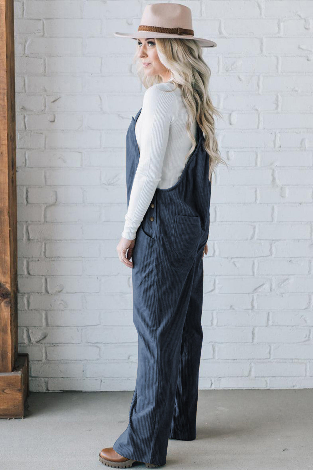 Solid Color Pocketed Corduroy Overall Set