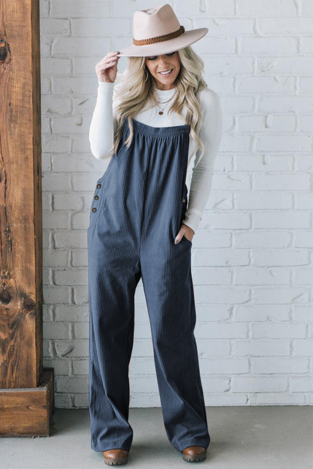 Solid Color Pocketed Corduroy Overall Set
