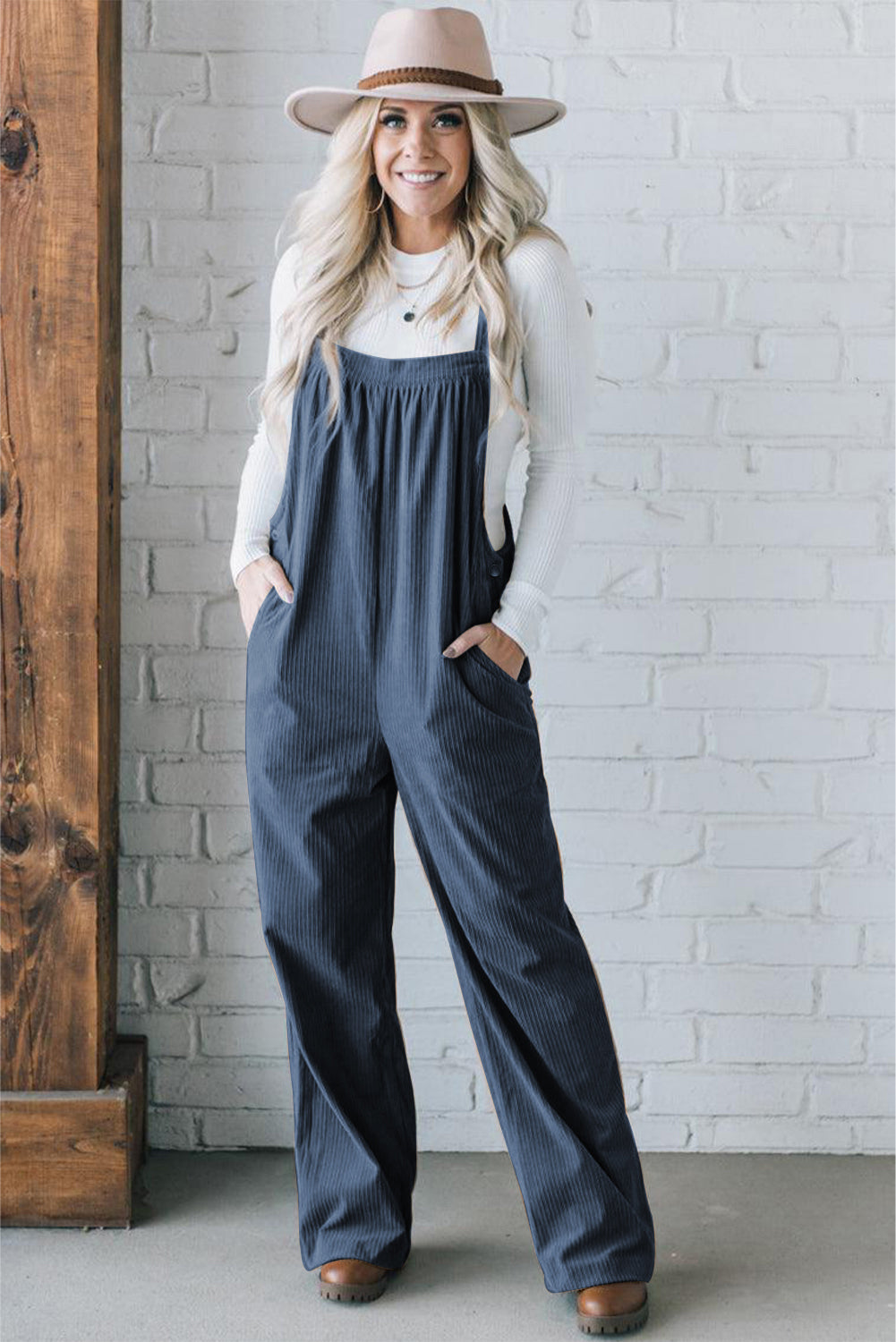 Solid Color Pocketed Corduroy Overall Set