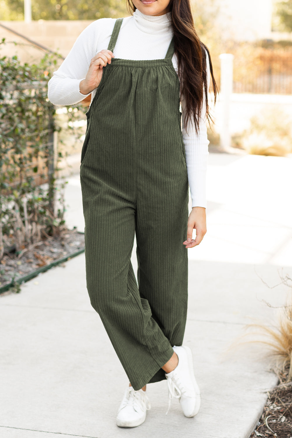 Solid Color Pocketed Corduroy Overall Set