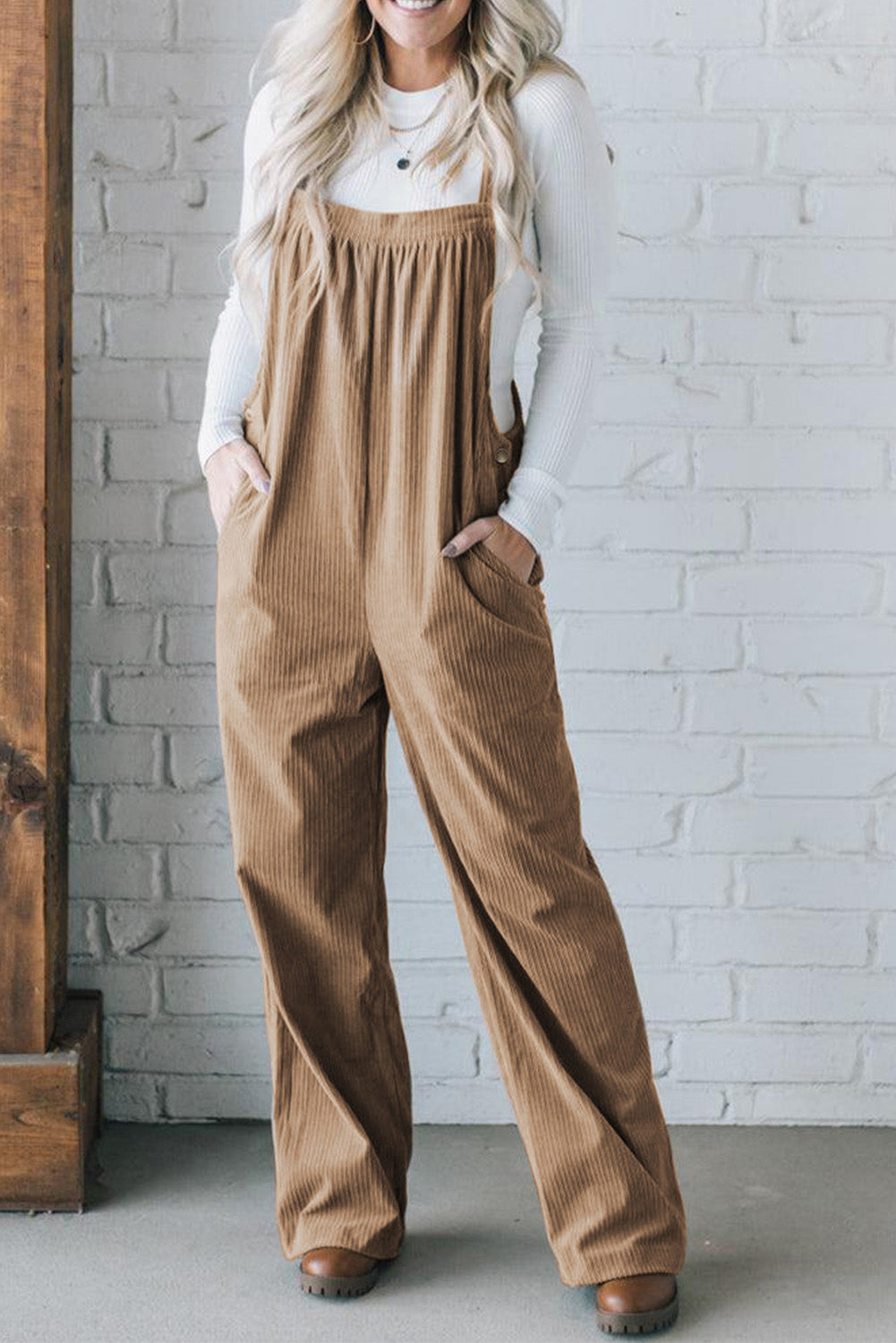 Solid Color Pocketed Corduroy Overall Set
